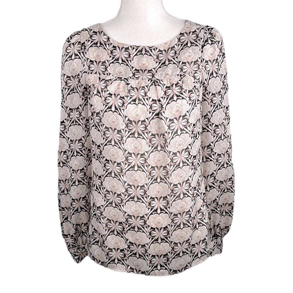 LOFT Ann Taylor Black & Tan Floral Sheer Long Sleeve Business Career Top Size XS